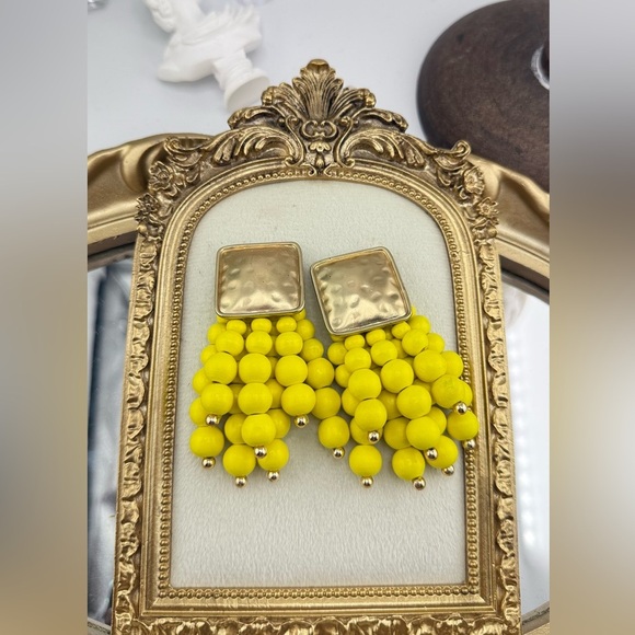 Zara Bold Yellow Beaded Statement Earrings with Gold Hammered Tops - Picture 8 of 9